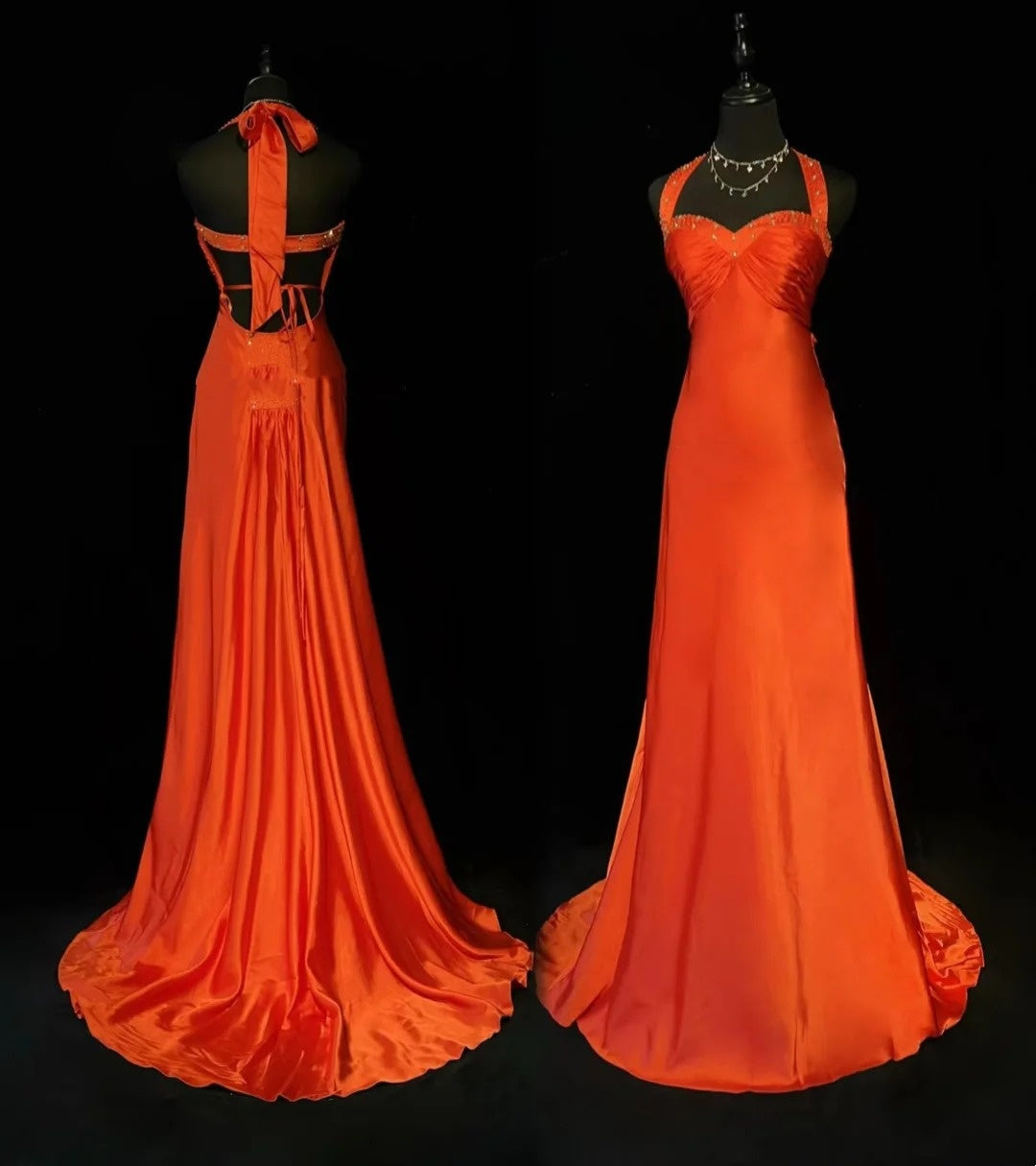Vintage Prom Dresses A line Sweetheart Orange Satin Backless With Beading 1960s Long Formal Gown N2609