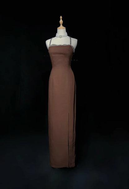 Vintage Ballkleid A-Linie Spaghettiträger Braun Chiffon Lang 70er Jahre Abendkleid N2578