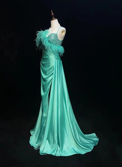 Robe de bal rétro, vintage, sirène, asymétrique, manches longues avec plumes, tenues de soirée années 90 N2327
