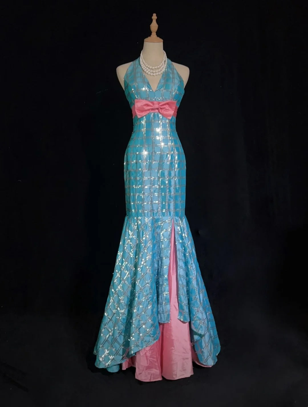 Robes de bal vintage sirène col en V, paillettes bleues, sans manches, robes de soirée longues années 80 N2866