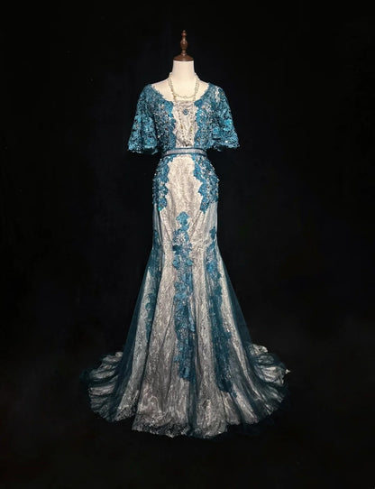 Inspiration Robes de bal vintage Sirène Dentelle Bleu Tulle Dentelle Années 80 avec Appliques Robes de soirée N3366