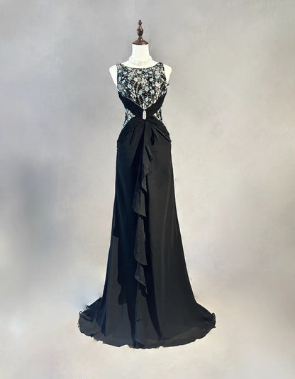 Belles robes de bal Robes sirène col rond robe de soirée mousseline de soie avec bustier perlé longues tenues de soirée N3364