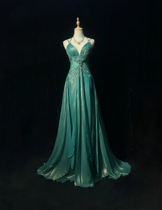 Elegantes A-Linien-Spaghettiträger-Kleid aus blauem Chiffon mit besticktem Oberteil, langes Ballkleid N2724