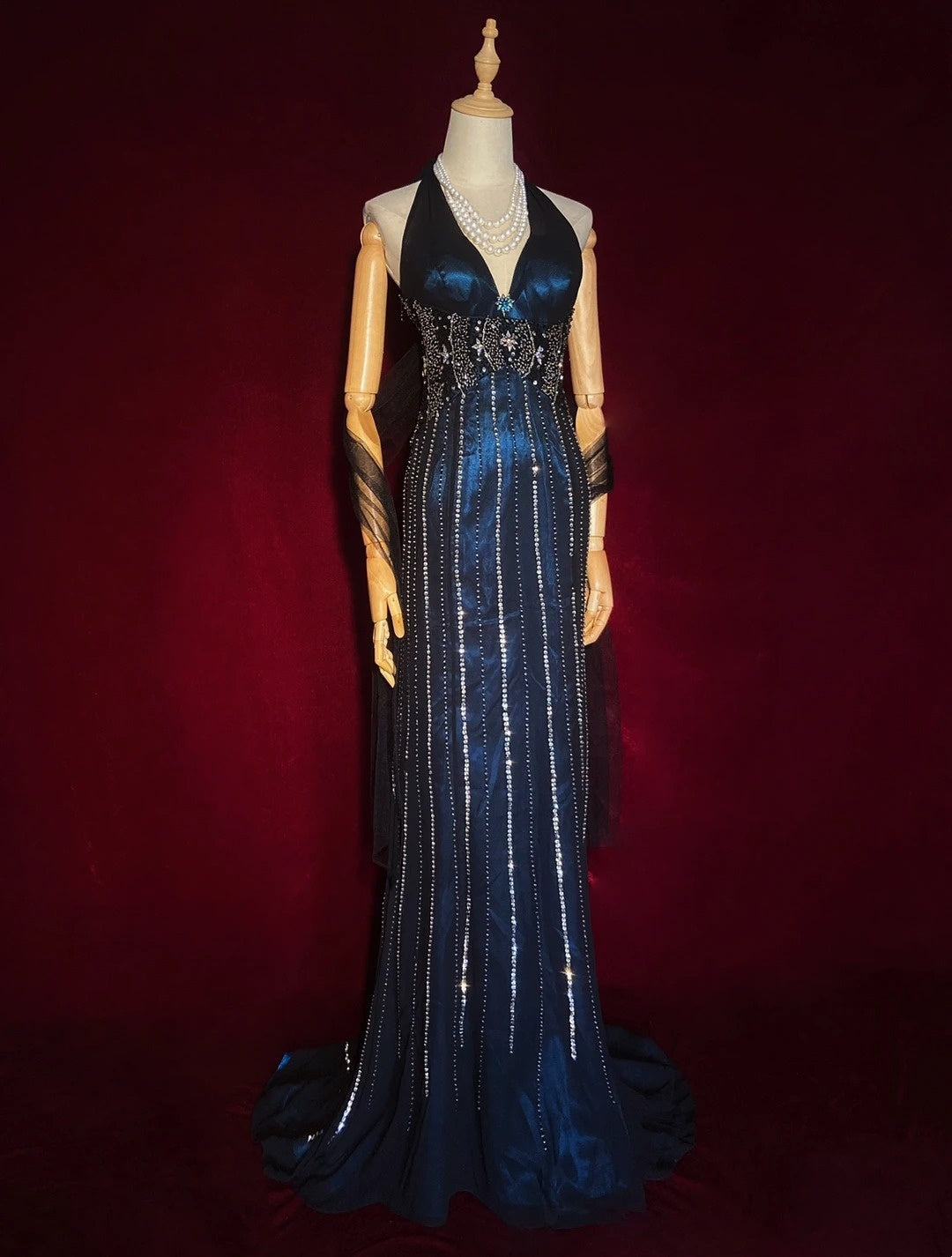 Robes de bal scintillantes, inspiration sirène, années 90, col licou, bleu marine foncé avec perles, pour femmes, robe de soirée N3273