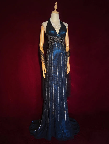 Robes de bal scintillantes, inspiration sirène, années 90, col licou, bleu marine foncé avec perles, pour femmes, robe de soirée N3273