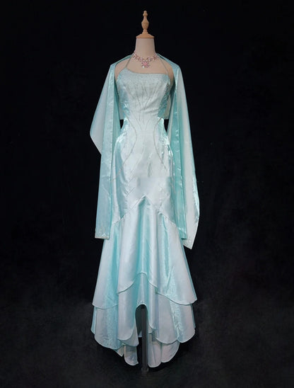 Robes de bal vintage des années 80 sirène dos nu bleu sans manches avec cape perles tenues de soirée semi-formelles N3616