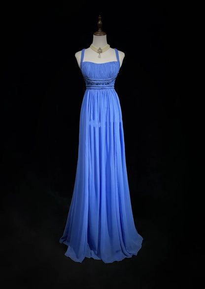 Vintage Ballkleider A-Linie Spaghettiträger Blau Chiffon mit Perlenbesatz Langes Abendkleid N2446