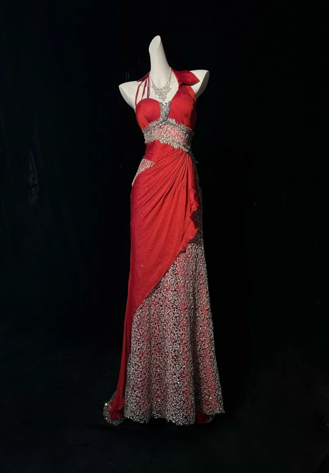 Vintage Prom Dresses 1950s Mermaid Halter Red Chiffon With Lace Sleeveless Evening Formal Outfits RB4336