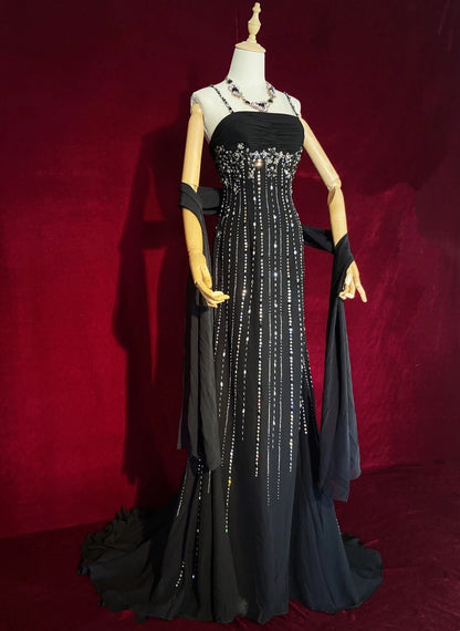 Vintage Abschlussballkleider 90er Meerjungfrau Spaghetti-Träger Schwarz Tie Mit Silberperlen Lang Semi-Formal Abendkleid N3666