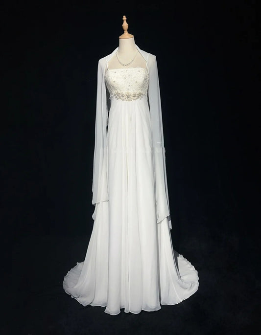 Robes de mariée intemporelles ligne A en mousseline de soie blanche à fines bretelles avec longue robe de mariée perlée N3018
