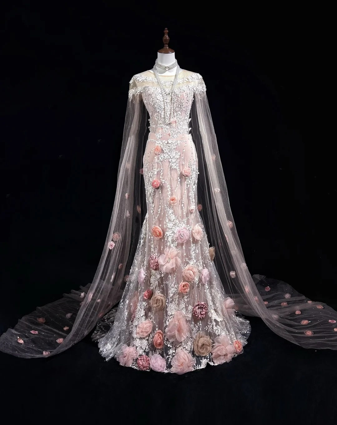 Vintage Prom Dresses Inspo Mermaid Scoop Pink Lace 1990s With Flowers Cape Formal Gowns N3317