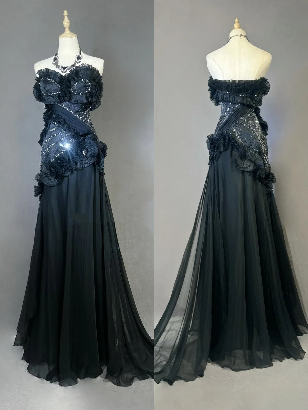 Robes de bal vintage Sirène Bustier Robe de soirée noire en mousseline de soie avec perles Robe de soirée longue années 1980 N2621