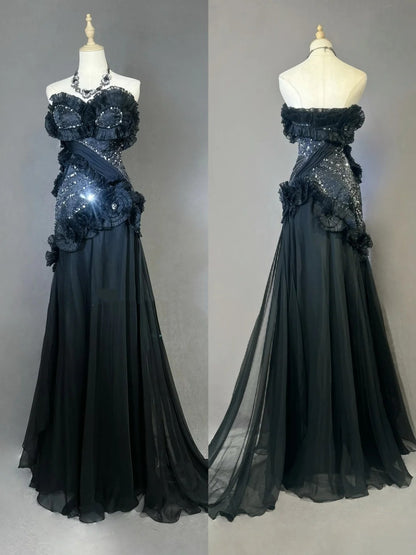 Robes de bal vintage Sirène Bustier Robe de soirée noire en mousseline de soie avec perles Robe de soirée longue années 1980 N2621