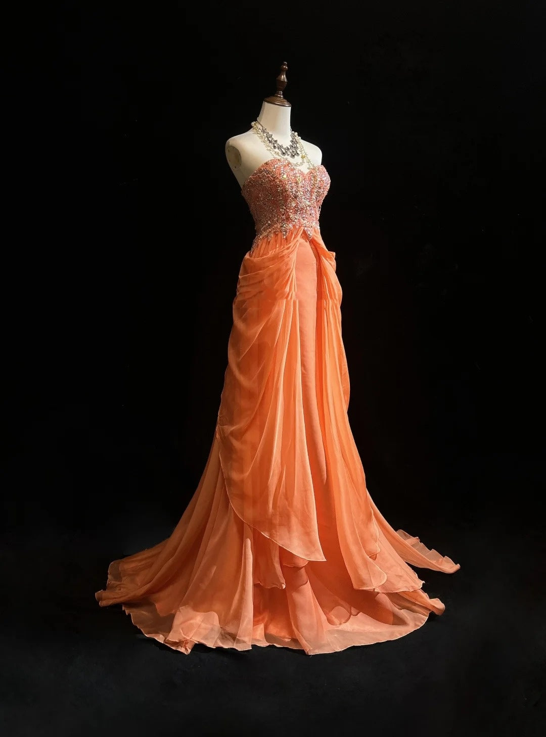 Vintage Prom Dresses A line Sweetheart Orange Ruffled Chiffon 1990s Formal Evening Gown N2666