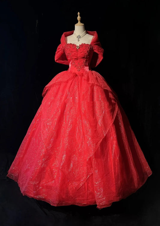 Princess Lace Strapless Red Sweet 16 Dress Ball Gown Formal Party Outfits Sweet Sixteen Dress RC0081
