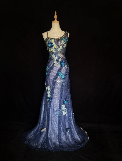 Robes de Bal Vintage Sirène Bretelles Dentelle Bleu Clair avec Fleurs Longues Tenues de Soirée N3440