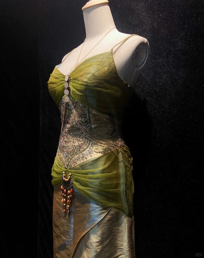 Robes de bal modestes d'inspiration sirène, bretelles spaghetti, mousseline verte avec perles, robes de soirée longues années 80 N3409