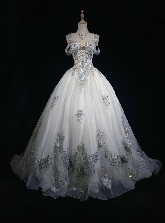 Princess Lace Straps White Appliques Sweet 16 Dress Ball Gown Formal Party Outfits Sweet Sixteen Dress RC0088