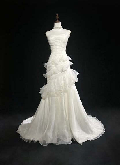 Einzigartige Hochzeitskleider Meerjungfrau Trägerlos Ärmellos Weiß Langes Brautkleid N3125