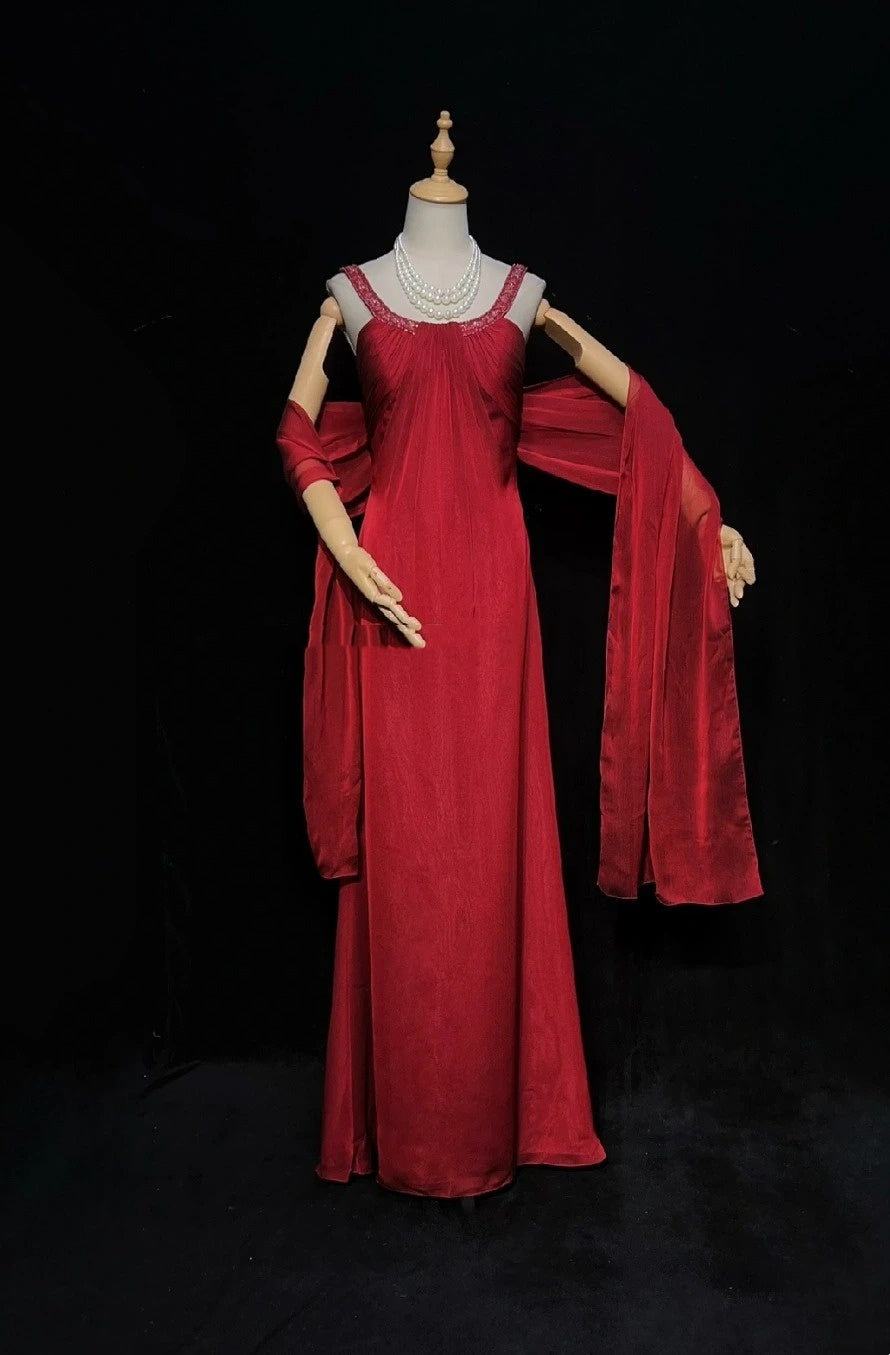 Robes de Bal Élégantes Ligne A Col Bijou Bourgogne Mousseline avec Cape Perles Sans Manches Longue Robe de Soirée Formelle N2885
