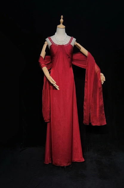 Robes de Bal Élégantes Ligne A Col Bijou Bourgogne Mousseline avec Cape Perles Sans Manches Longue Robe de Soirée Formelle N2885