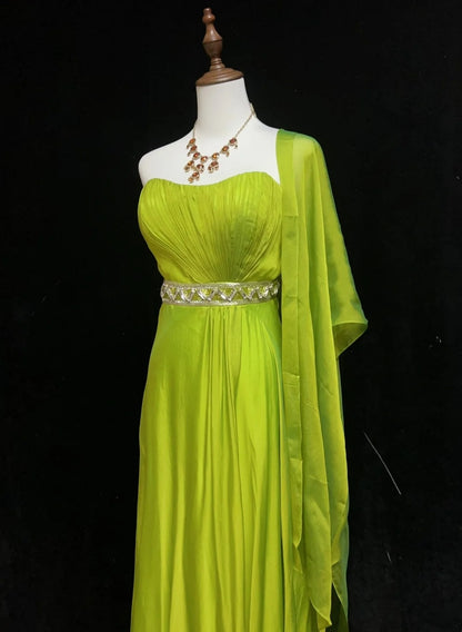 Robes de bal vintage des années 90, en mousseline de soie verte, sans bretelles, coupe trapèze, avec cape plissée, tenues de soirée formelles N3852