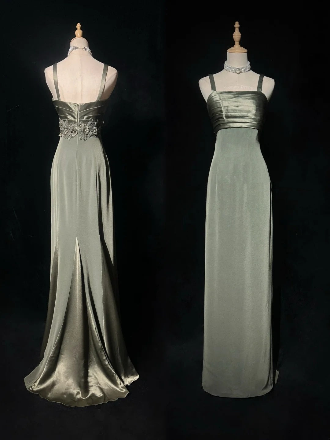Vintage Prom Dresses A Line Spaghetti Strap Green Satin With Beading Long Formal Dress N2503