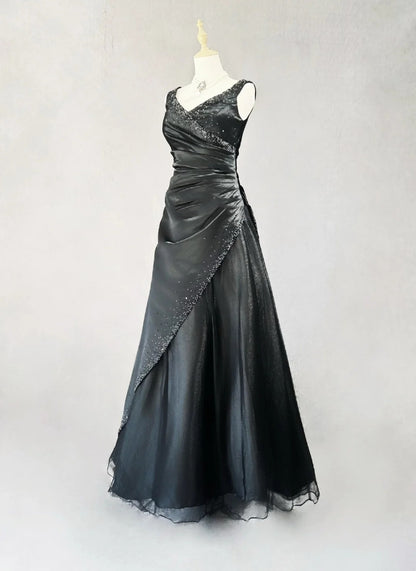 Vintage 90s Prom Dresses Ball Gown V Neck Black With Silver Beading Long Prom Gown N3022