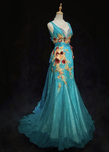 Inspiration Robes de bal vintage Sirène Cœur Bleu Tulle Dentelle Années 80 avec Appliques Robes de soirée N3365