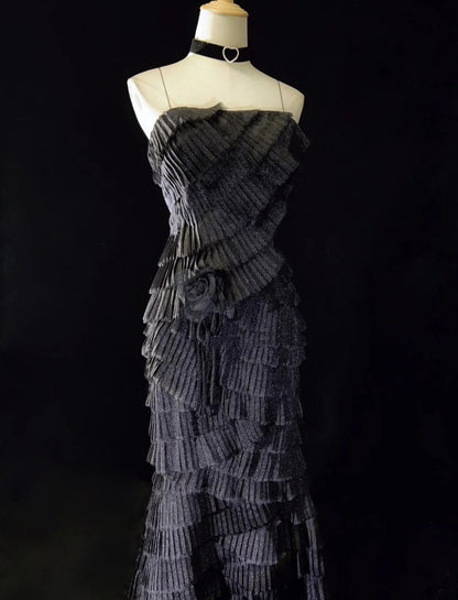 Robes de bal vintage des années 90 sirène à fines bretelles noires avec couches superposées longue robe de soirée semi-formelle N3665