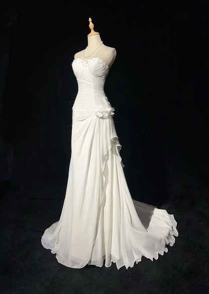 Vintage 90s Wedding Dresses Mermaid Sweetheart Chiffon White Beading Summer Garden Long Bridal Gown N3827