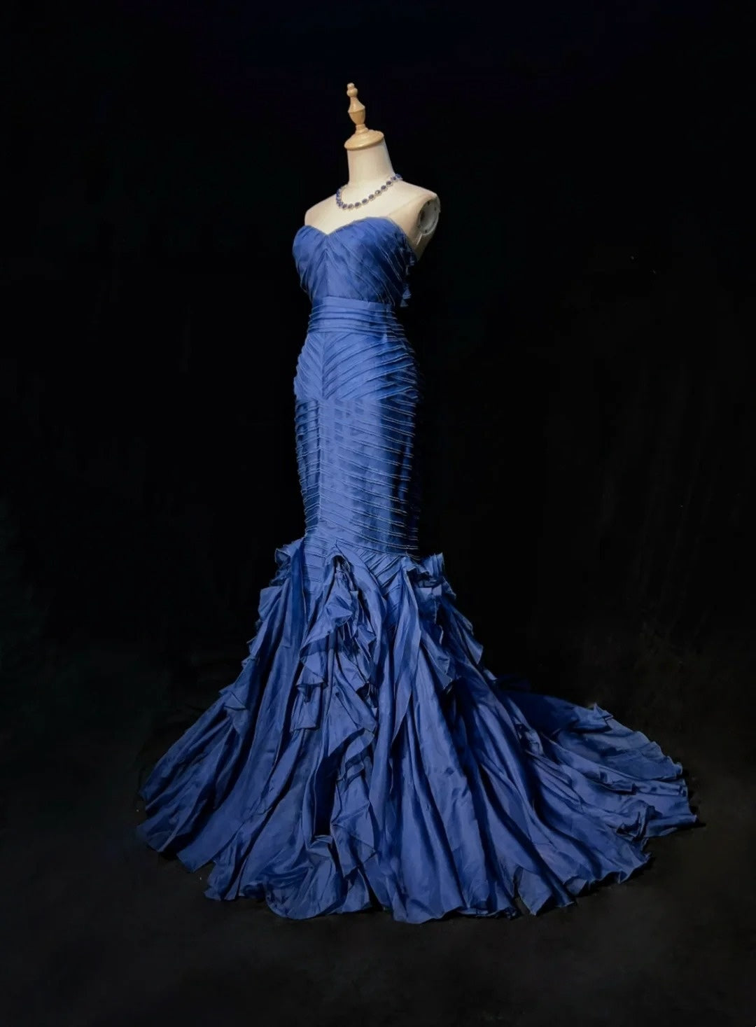 Vintage Prom Dresses Mermaid Sweetheart Navy Blue Satin With Tiered Layers 90s Long Evening Gown N2906