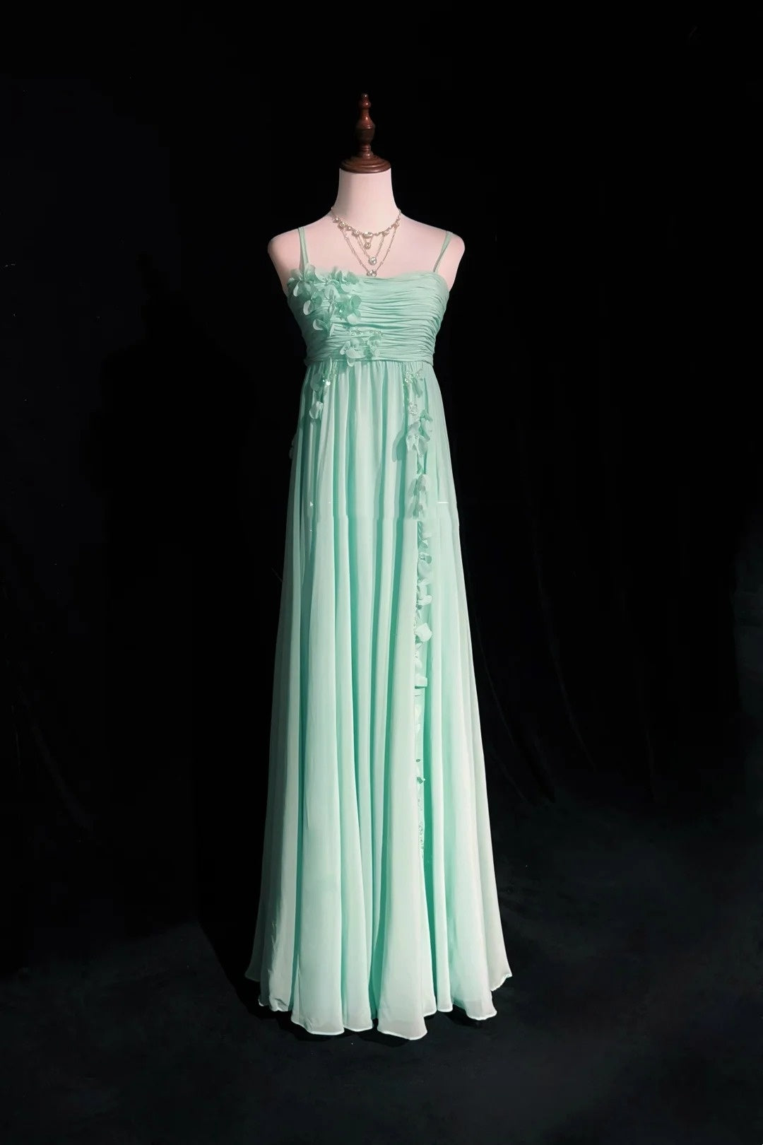 Vintage Prom-Kleider A-Linie Spaghettiträger Mintgrün Chiffon Ärmellos 1980er Lange Formelle Abendrobe N2630