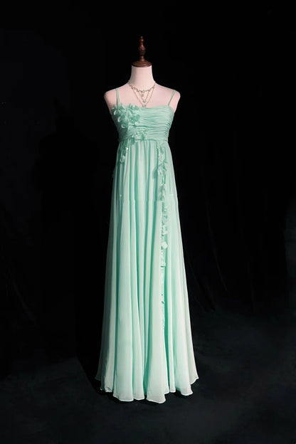 Vintage Prom-Kleider A-Linie Spaghettiträger Mintgrün Chiffon Ärmellos 1980er Lange Formelle Abendrobe N2630