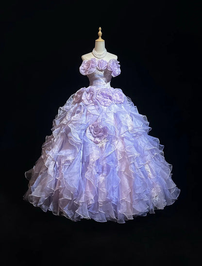 Bescheidene Ballkleider für den Abschlussball, trägerlos, lila Organza mit Stufenlagen, langes Quinceañera-Kleid N3128
