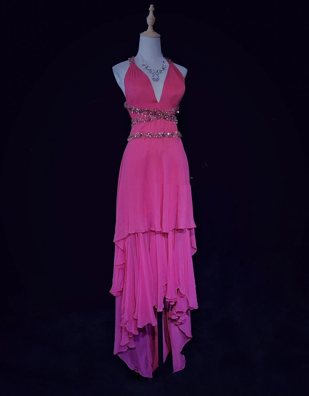 Glamour Prom Dresses High Low Halter Hot Pink Chiffon With Beading Formal Evening Outfits N3842