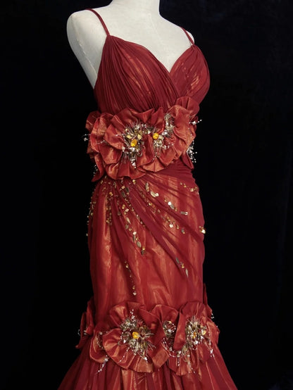 Wunderschöne Abiballkleider Meerjungfrau Spaghetti-Träger Burgund mit 3D-Blumen Lange formelle Abendoutfits N3660