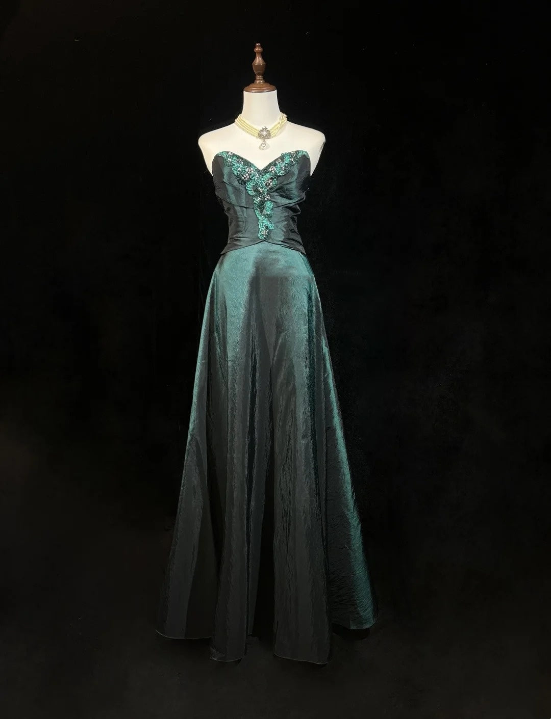 Robes de bal vintage Esthétique années 80 Rétro Coupe trapèze Col cœur Vert foncé Robes de soirée longues N2324