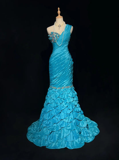 Robes de bal vintage Sirène Asymétrique Rétro Taffetas Bleu Perlé Années 90 Robe de Soirée Longue N2905