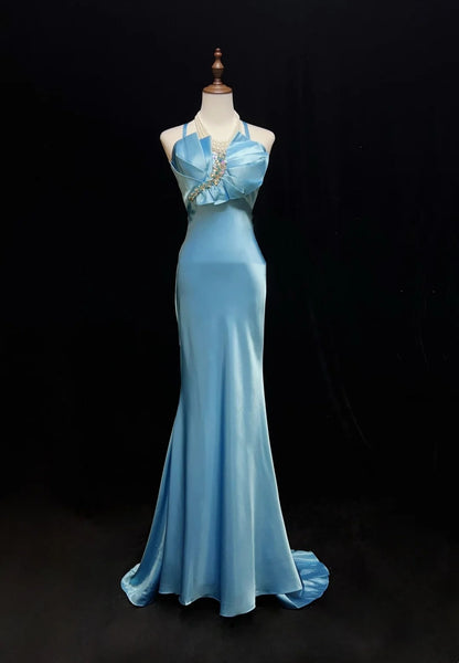 Elegante Ballkleider Meerjungfrau Neckholder Bodenlang Tiffany Blau Satin Formelles Abendkleid N3698