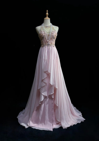 Vintage Ballkleid-Ästhetik Kleider A-Linie Schmuck Perle Rosa Chiffon Mit Perlen Lang Formales Kleid N3033