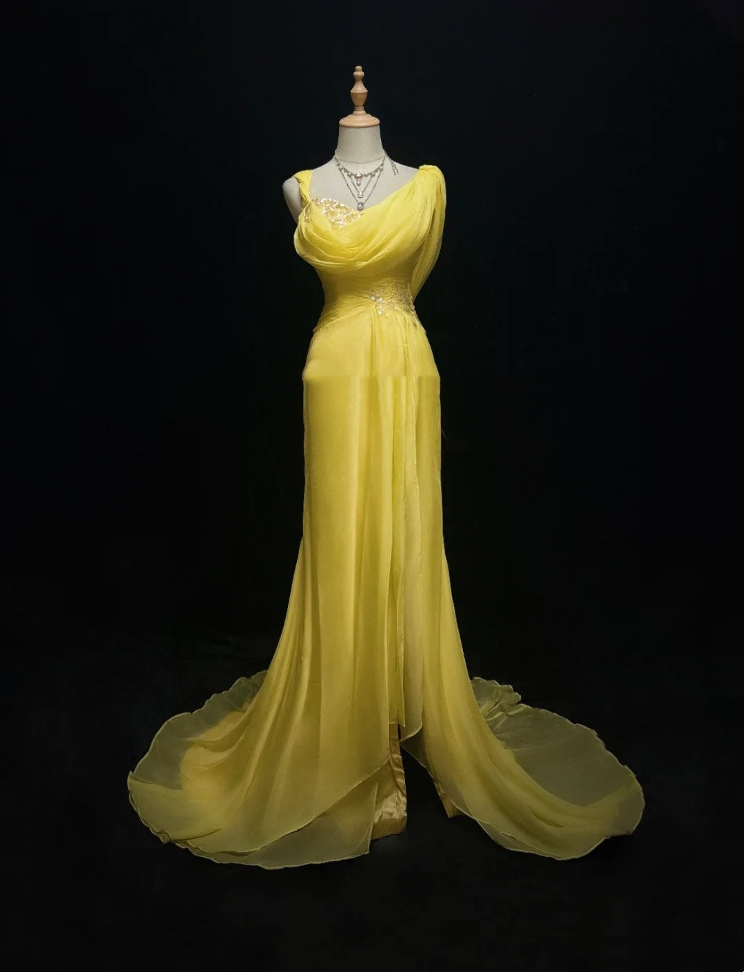 Robes de bal vintage sirène jaune mousseline avec applications années 80 longue robe de soirée N2733