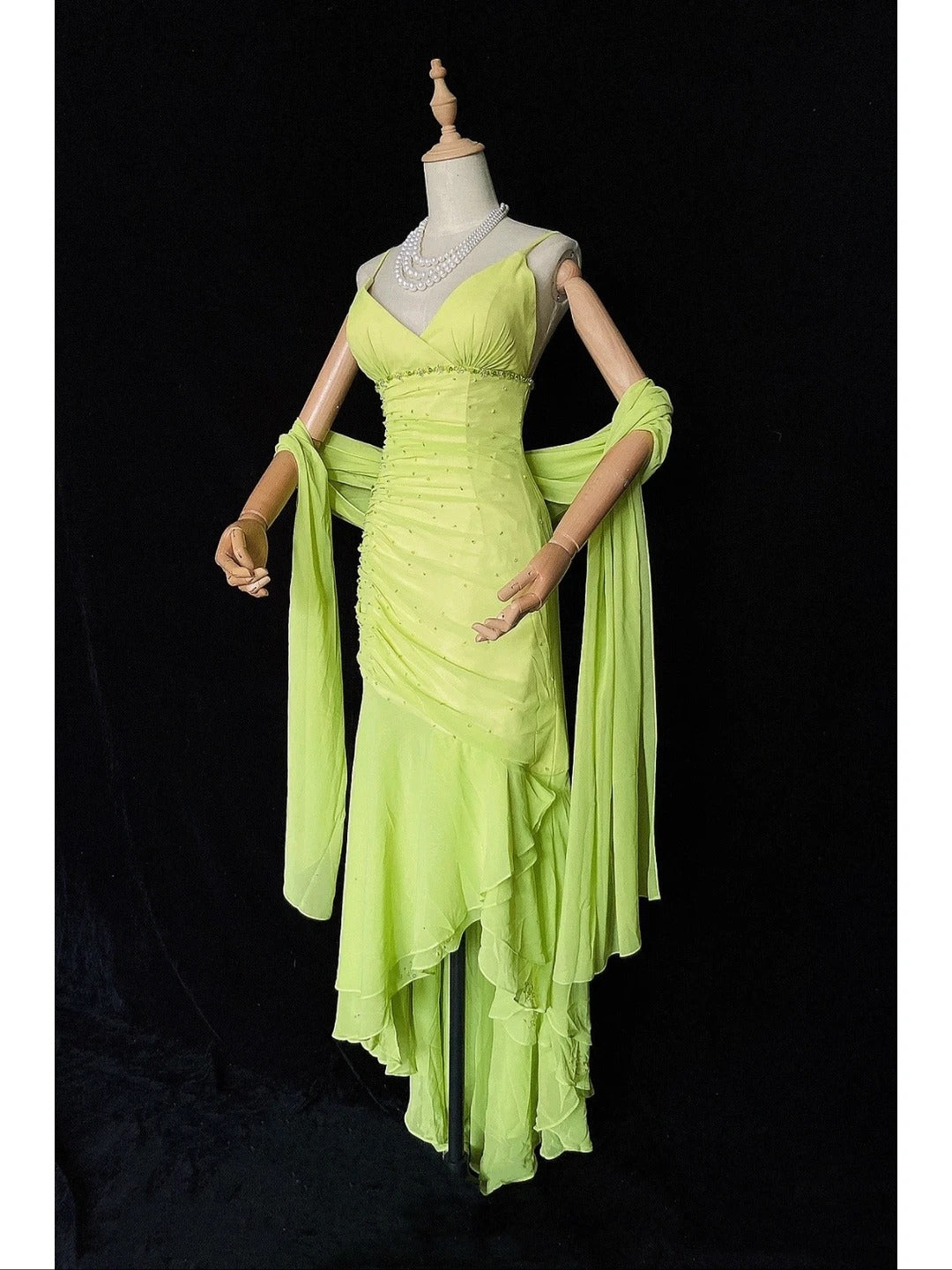 Robes de bal vintage des années 80, sirène, bretelles spaghetti, mousseline verte, longueur thé, tenues de soirée N3456