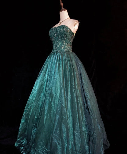 Robes de bal de promo modestes sans bretelles vert foncé avec dentelle appliquée, longues robes de soirée N3451