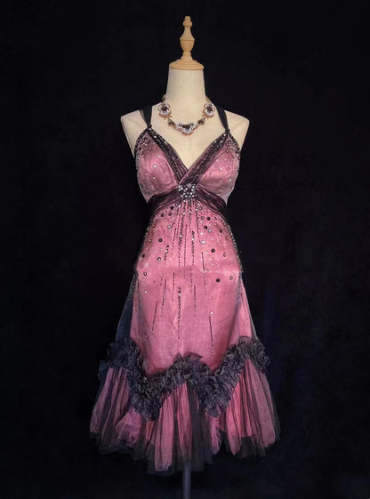 Zeitlose Prom-Kleider A-Linie Spaghettiträger Schwarz Tüll Tee-Länge mit Perlen Homecoming-Kleid N3255