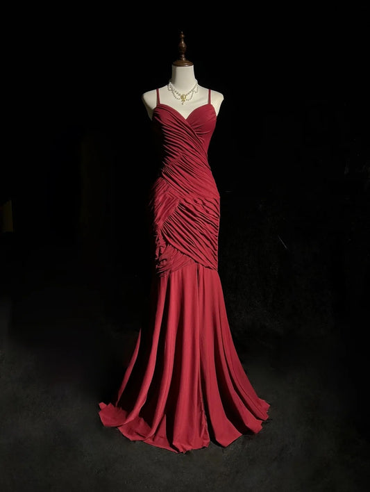 Vintage Meerjungfrau 2000er Spaghettiträger Burgunder Chiffon Mit Plissiertem Abendkleid Lange Abschlussballkleider N2577