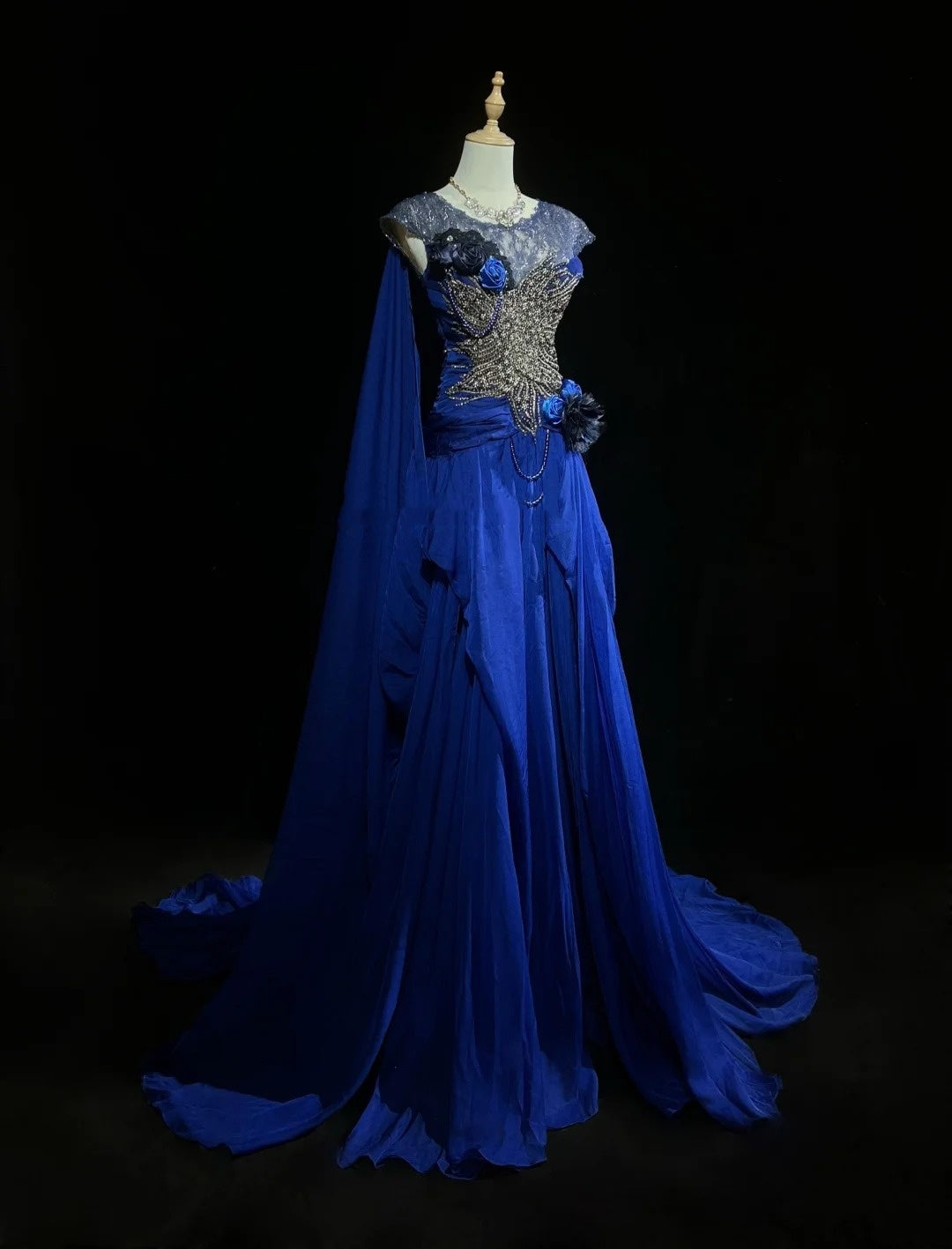 Classy Prom Dresses A Line Scoop Royal blue Chiffon Lace With Beading Long Formal Gown N2916