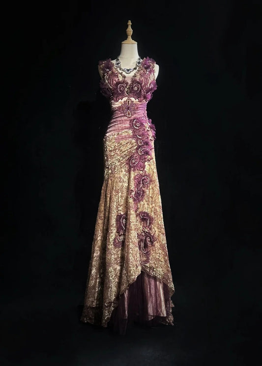Vintage Abschlussballkleider Meerjungfrau V-Ausschnitt Goldspitze mit Blumen 80er Jahre Lange Formelle Abendkleider N3881