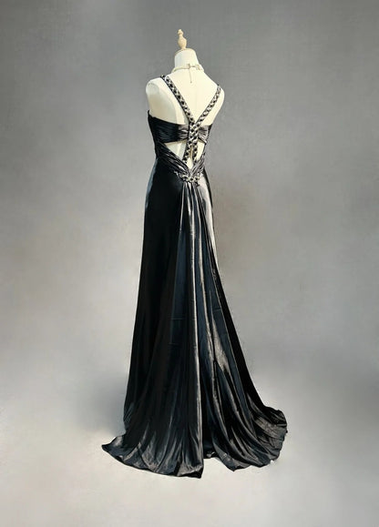 Robes de bal vintage Sirène Licol Années 90 Satin avec perles Longue Robe de soirée formelle N2504