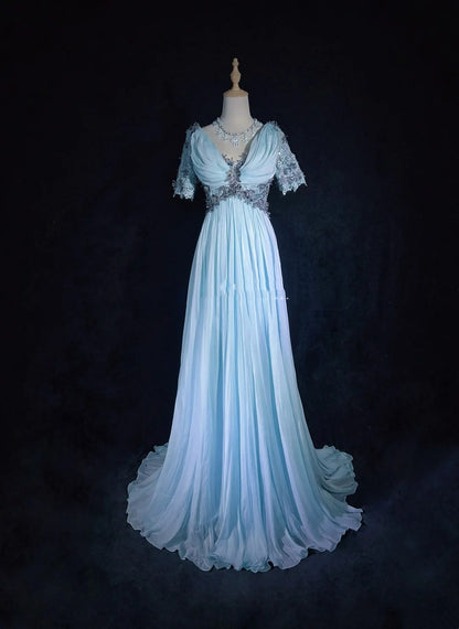 Robes de bal vintage des années 60, coupe trapèze, col en V, mousseline bleu ciel clair avec appliques, longue robe de bal N3109